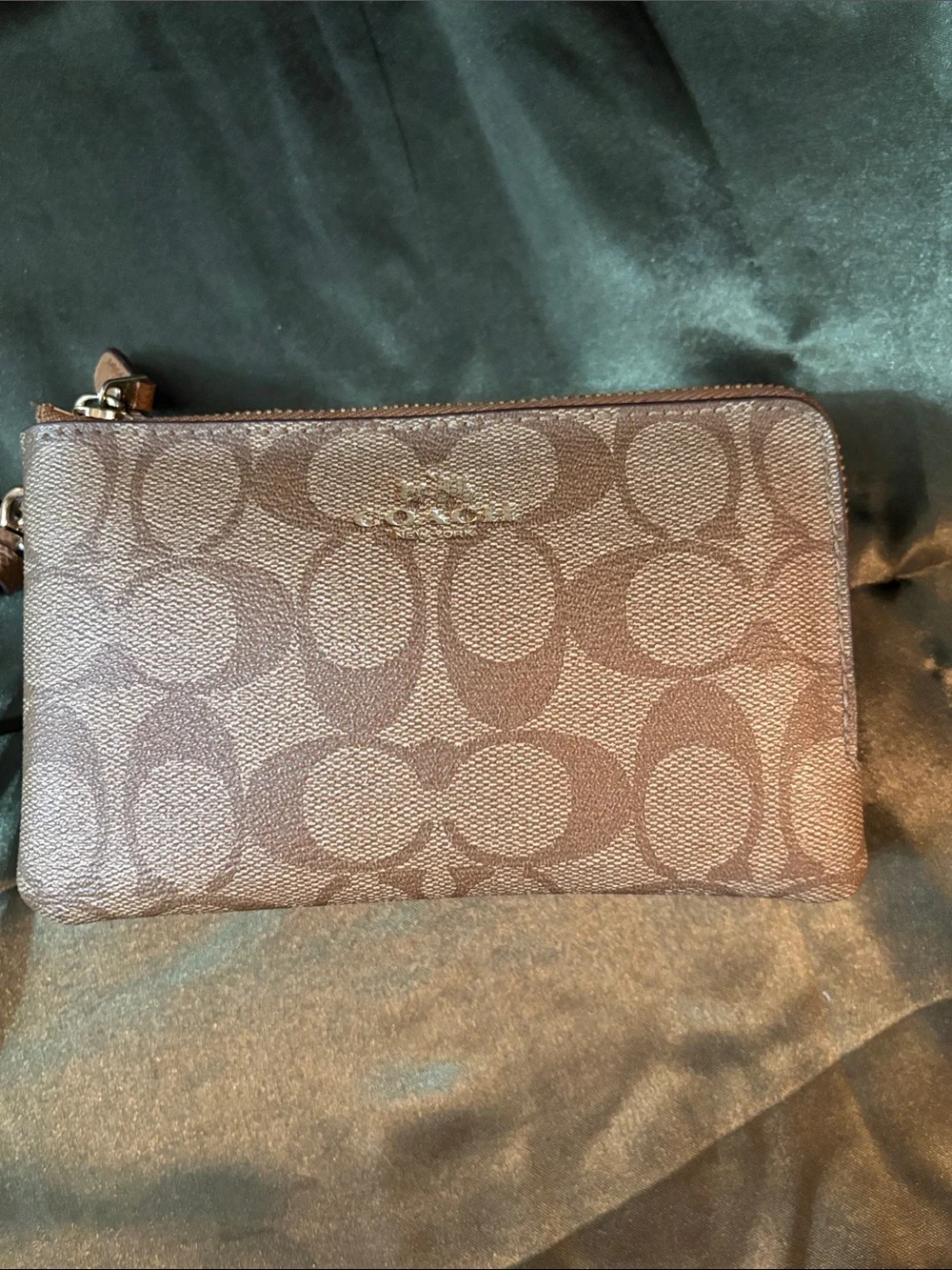 Coach Signature Canvas Double Corner Zip Wristlet in Tan and Brown